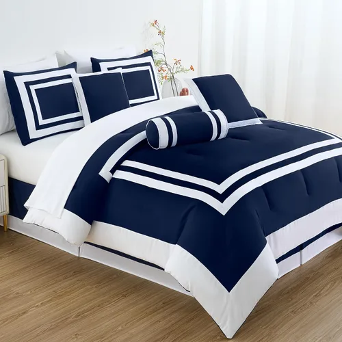 Vista 13 de Chezmoi Collection Caprice Juego de ropa de cama con edredón, de 7 piezas, estilo hotel, con patrón cuadrado en bloque de color moderno