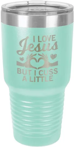 Vista 21 de Taza de viaje con texto en inglés "I Love Jessus I CUSS A LITTLE Engraved Tumbler", de acero con recubrimiento de polvo grabado con láser, sin BPA