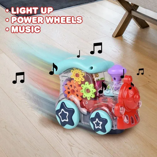 Vista 5 de ArtCreativity Tren de juguete transparente iluminado para niños, 1 unidad, auto de juguete Bump and Go con engranajes móviles coloridos, música
