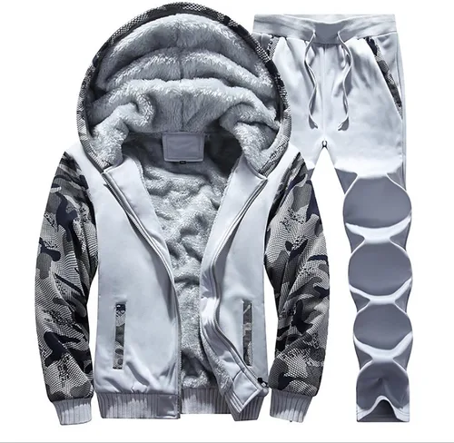 Vista 2 de Conjunto de chándal cálido de invierno para hombre, conjunto de chaquetas y pantalones de forro polar con bloques de color, conjunto elegante de 2