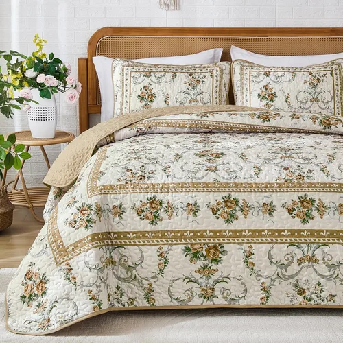 Vista 8 de Anibedding Juego de Edredón Floral Tamaño Queen, Edredones Colcha con Patrón de Flores Marrones Retro, Cubierta de Cama Ligera de Microfibra Suave