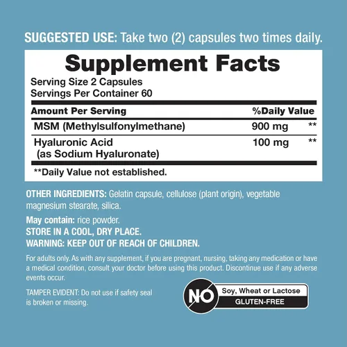 Vista 4 de NeoCell Ácido hialurónico con MSM 1000mg 120 Cápsulas Suplemento de fórmula avanzada Ingredientes clínicamente estudiados