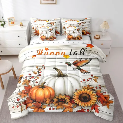 Vista 13 de Feelyou Fall Pumpkin Comforter Set with Sheets 7 Piece Twin Size Autumn Bed in a Bag Kids Boys Girls Pumpkin Maple Leaf Bedding Set Hummingbird Beig