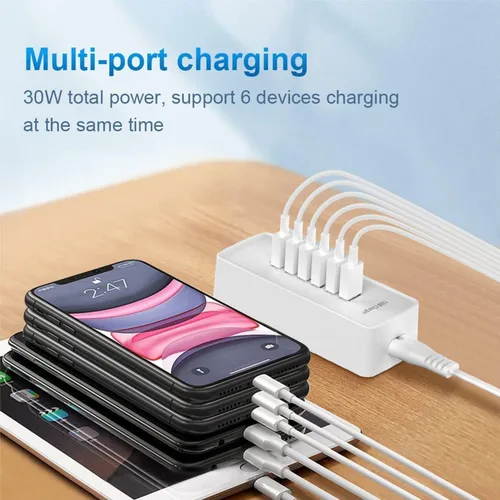 Vista 2 de Cargador rápido USB, estación de carga portátil de 6 puertos, adecuado para varios dispositivos, compatible con iPhone, iPad, Samsung, Google