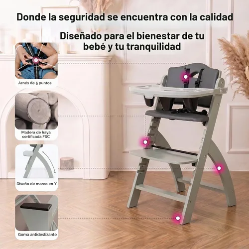 Vista 6 de Abiie Beyond Junior Convertible Wooden High Chair with Removable Tray Cojín de madera gris brumosa - Perla negra