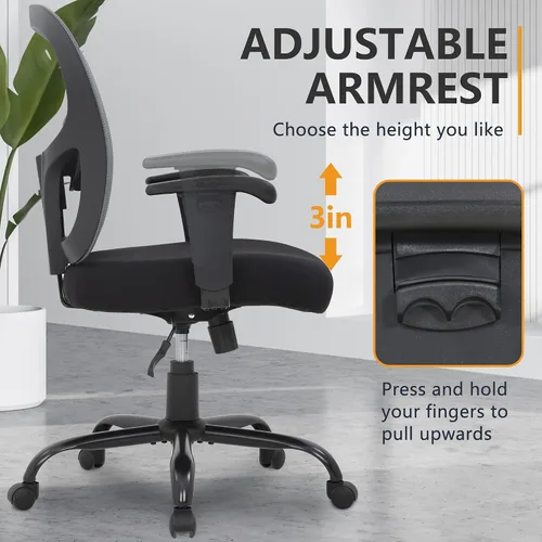 Vista 6 de PayLessHere Silla de escritorio ergonómica, silla de oficina, silla de computadora de 500 libras con soporte lumbar, asiento ancho, brazos de Gris