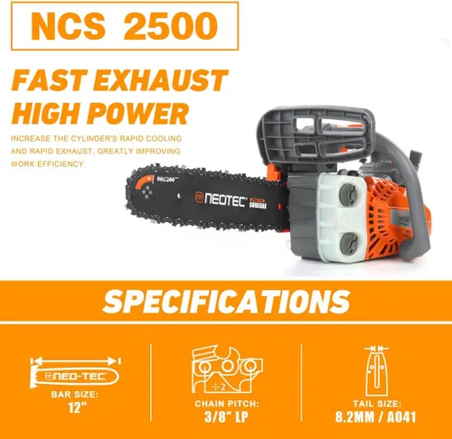 Vista 2 de NEO-TEC Motosierra de gas con mango superior de 12 pulgadas, 25.4 cc, 2 tiempos, portátil, pequeña, motosierra de gasolina, para trepar árboles