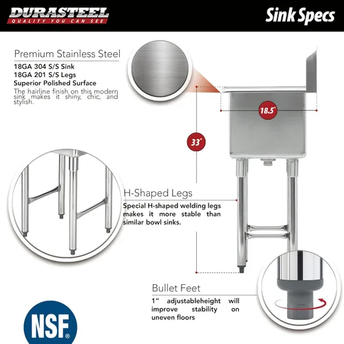Vista 3 de DuraSteel Fregadero utilitario comercial de acero inoxidable 304 – Fregadero de cocina de preparación independiente con tina de 15 pulgadas