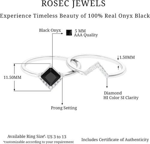 Vista 6 de Juego de anillos de boda de ónix negro y diamantes de corte princesa certificado 0.197 in Regalos de San Valentín para ella