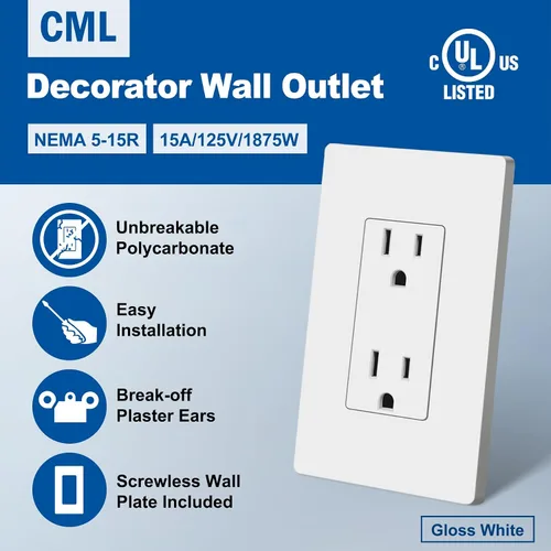 Vista 2 de CML - Toma de corriente decorativa de 15 amperios, paquete de 20 tomas de corriente estándar con placa de pared sin tornillos, resistente a
