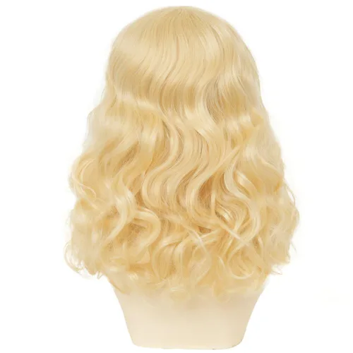 Vista 4 de Peluca rubia corta y rizada para mujer, longitud hasta el hombro, peluca de pelo ondulado con flequillo, resistente al calor, disfraz de cosplay