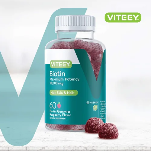 Vista 2 de Viteey Gomitas de biotina - 10,000 mcg - 60 unidades Gomitas de biotina para el crecimiento del cabello para la piel y las uñas, veganas, sin