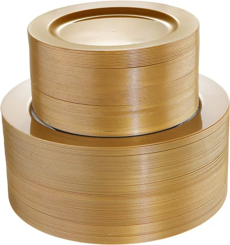 Vista 16 de I00000 - Paquete de 102 unidades, platos de plástico de color negro y dorado, 51 platos llanos de 10.25 pulgadas y 51 platos de postre de 7.5