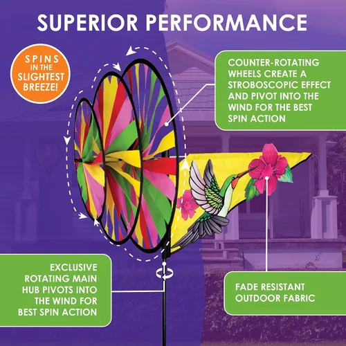 Vista 4 de Premier Kites Colibrí triple giratorio – Llamativo giratorio de jardín con ruedas triples coloridas, tela duradera resistente a la intemperie, fácil