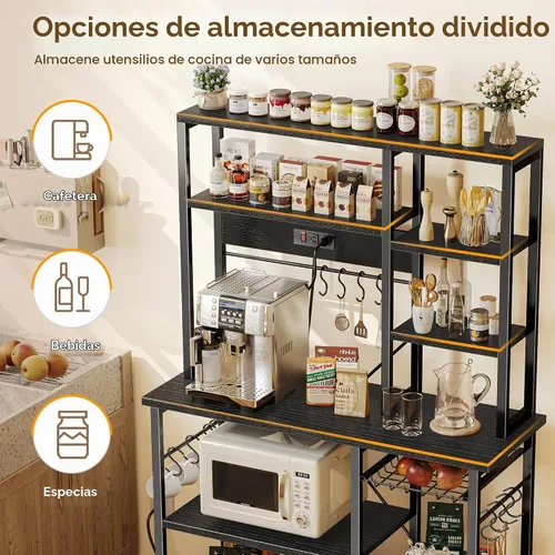 Vista 5 de SUPERJARE Estante grande de panadería con tomas de corriente, soporte para microondas de 6 niveles, barra de café con 12 ganchos en forma de S