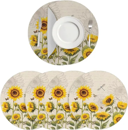 Vista 81 de Manteles individuales de cuero de girasol, lavables, redondos, impermeables y de fácil mantenimiento, decoración de cocina, accesorios de mesa