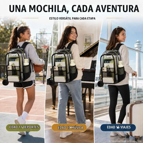 Vista 7 de Mochila transparente resistente para libros, mochila escolar traslúcida Mochila Chic Negra Transparente