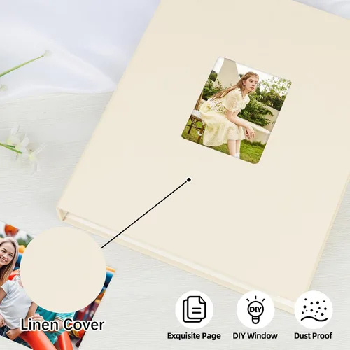 Vista 5 de Álbum de fotos de 8.5 x 11 pulgadas con capacidad para 72 fotos, cubierta de lino con ventana frontal, páginas interiores transparentes de 8.5 x 11