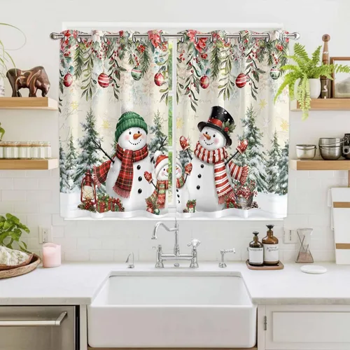 Vista 79 de Libaoge Cortinas de Navidad para cocina, dormitorio, juego de 2 paneles, diseño de muñeco de nieve de Navidad, cortinas de invierno con copos