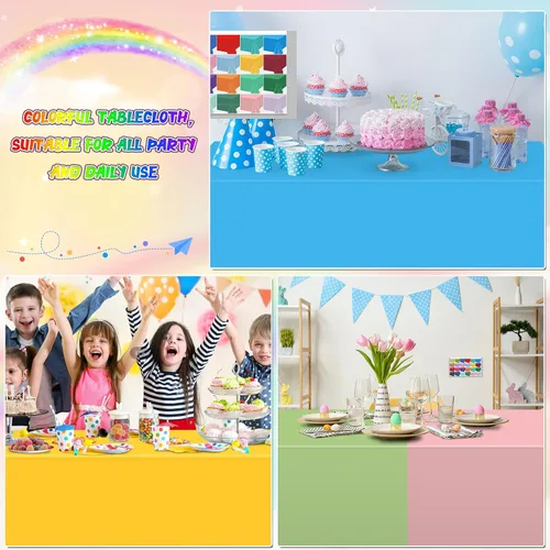 Vista 7 de 24 manteles de plástico desechables de 54 x 72 pulgadas de colores surtidos, mantel rectangular arcoíris desechable colorido para fiesta, boda