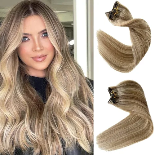 Vista 10 de Extensiones de cabello humano real Remy con clip, color blanco hielo, extensiones de cabello humano natural con clip, 12 pulgadas, 7 piezas, 2.47 oz