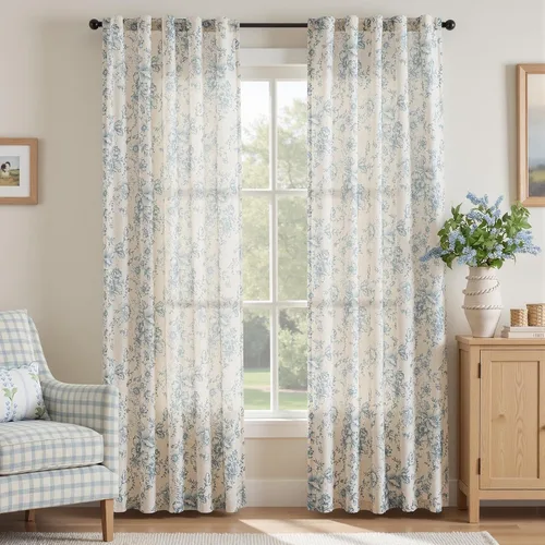 Vista 64 de Jinchan Cortinas de Mezcla de Lino con Estampado Floral para Sala de Estar, 84 Pulgadas de Largo, Cortinas con Bolsillo para Varilla y Tab Trasera