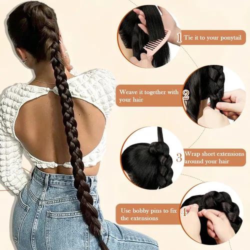 Vista 3 de Extensión de cola de caballo larga trenzada con banda para el cabello, color marrón claro, extensiones de cabello sintético suave y natural