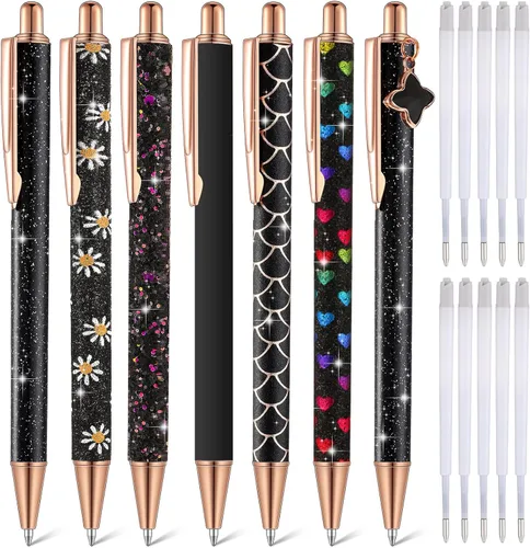 Vista 21 de Sherr 7 bolígrafos elegantes para mujer, lindos bolígrafos de purpurina brillantes con 10 recambios de tinta negra, bonitos regalos para niñas