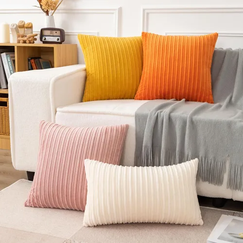 Vista 4 de UGASA - Funda de almohada lumbar decorativa de terciopelo suave a rayas, paquete de 1 funda de cojín rectangular de pana sólida con textura europea