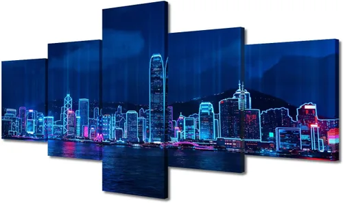 Vista 345 de Cuadros de 5 paneles de Cyberpunk City, arte de pared, representación de vallas publicitarias, edificios modernos en la capital con obras de arte