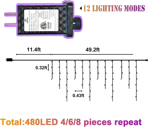 Vista 3 de Luces de Halloween para exteriores de 52 pies, 480 luces LED de Halloween moradas y naranjas, 12 modos de iluminación con temporizador de memoria