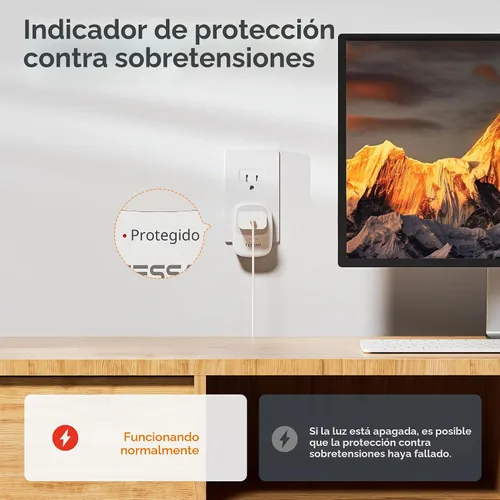 Vista 4 de TESSAN Protector de sobretensiones de 1050 julios, protector de sobretensiones de un solo enchufe con indicador de luz protegida, toma de pared