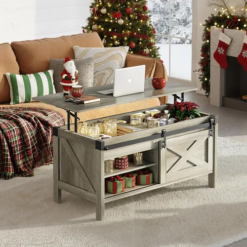 Vista 2 de WLIVE Mesa de Centro con Tapa Elevable, Mesa de Centro Estilo Granja de 39.4 pulgadas con Gran Compartimento de Almacenamiento Oculto, Puertas