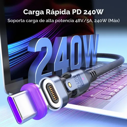 Vista 3 de Cable de carga magnético de 240 W, cable de datos magnético USBC a USB C giratorio de 180°, cable de carga rápida para teléfono micro USB