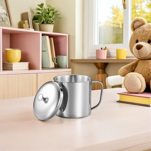 Vista 4 de Amosfun Taza de agua de acero inoxidable con tapa y asa de 4.33 x 3.14 pulgadas, taza de leche de metal para café, té, hogar, oficina, viajes
