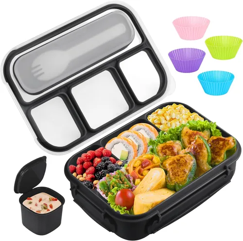 Vista 9 de Yumuk Caja Bento para Adultos, Contenedores de Almuerzo para Adultos Hombres Mujeres, 5 Tazas Bento con 4 Compartimentos y Spork y Caja de Salsa, A