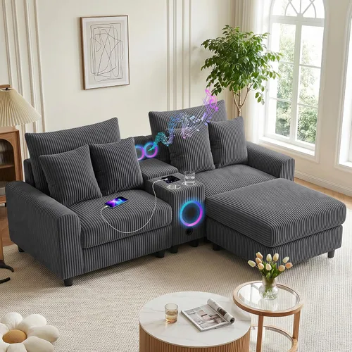 Vista 9 de MAKIAAP Sofá modular de pana de 83 pulgadas con altavoces, cómodo sofá biplaza de asiento profundo con otomana móvil, consola, cargador USB, Beige