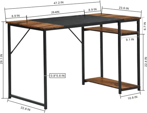 Vista 2 de FurnitureR Escritorio para computadora con estantes para espacios pequeños, escritorio simple para oficina en casa, escritorio de estudio Marrón