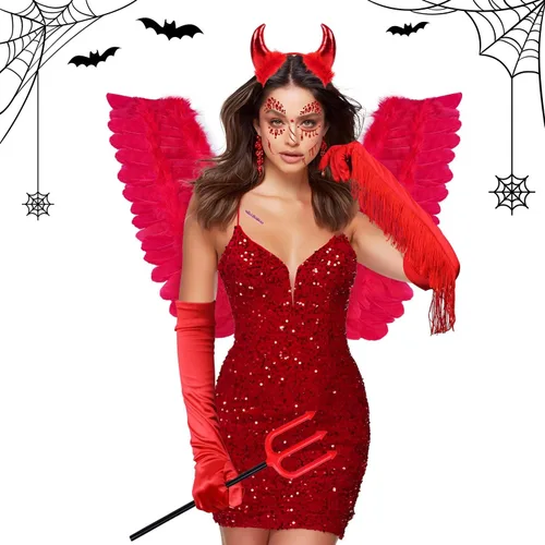 Vista 7 de MOVINPE Red Devil - Juego de accesorios para disfraz de Halloween, alas de plumas infernales, cuernos de diablo, diadema de tridente, gemas