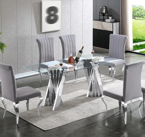 Vista 12 de Mesa de comedor de vidrio de 70 pulgadas para 4-8 personas, parte superior de vidrio templado y base de acero inoxidable en U dorada, escritorio