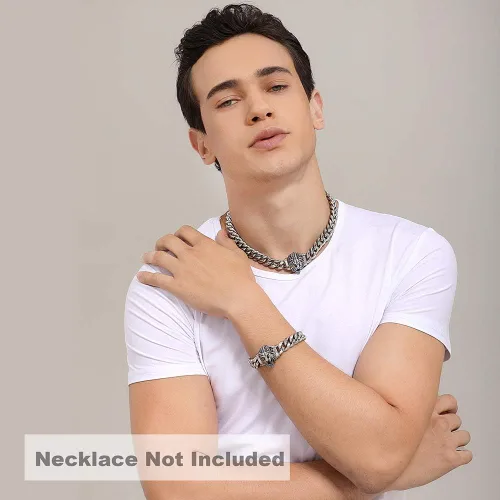 Vista 6 de Cadena de eslabones cubanos para hombre, gargantilla de león, collar de plata Hip Hop de 18 pulgadas, 20 pulgadas y pulsera de 8.5 pulgadas, juego
