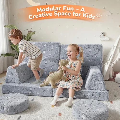 Vista 8 de Sofá modular para niños MeMoreCool – Sofá de dinosaurio de 8 piezas que brilla en la oscuridad para niños pequeños convertible en fuerte constructor