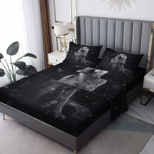 Vista 8 de Sábanas de lobo tamaño individual, sábanas de animales de lobo, sábanas y fundas de almohada estampadas de 3 piezas, sábana bajera ajustable