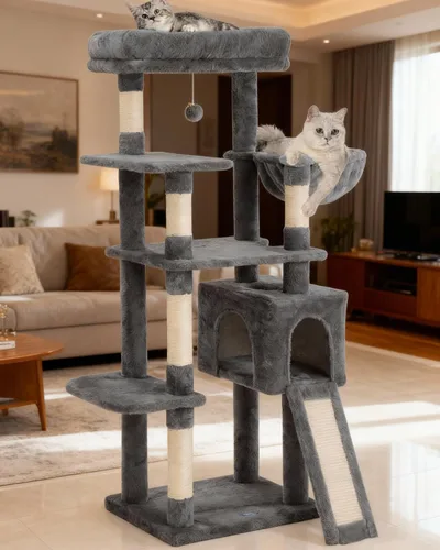 Vista 5 de Árbol para gatos de 54 pulgadas, torre alta para gatos con hamaca, condominio y almohadilla para rascar, casa para gatos con percha de felpa