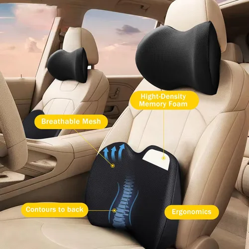 Vista 7 de SPRFUFLY Make Relaxing - Almohada para reposacabezas de automóvil + almohada de apoyo lumbar para automóvil, 100% espuma viscoelástica con funda
