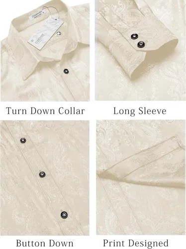 Vista 5 de COOFANDY Camisa de vestir con estampado floral para hombre, camisas de manga larga con botones de cachemira para boda, fiesta, baile de graduación