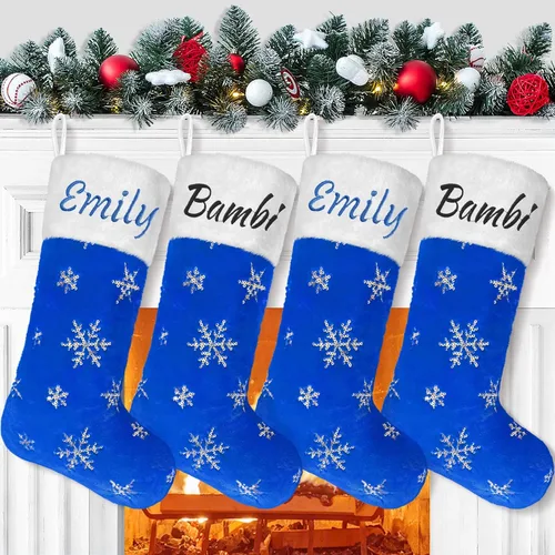 Vista 11 de Calcetines negros de piel sintética de Navidad, 1 paquete grande de 22 pulgadas, medias colgantes de felpa negra con nombre personalizado con copos