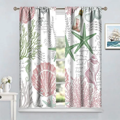 Vista 30 de Cortinas de decoración de playa con océano azul, peces náuticos costeros playeros de verano, conchas marinas, temática infantil, dormitorio, sala