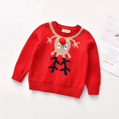 Vista 2 de Suéter de punto con cuello redondo para niños y niñas pequeñas, sudadera de algodón, ropa cálida para otoño e invierno, Rojo