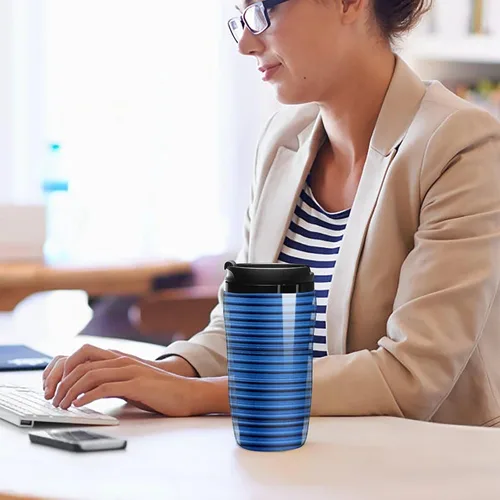 Vista 7 de Blue Corrugated Wall Art Coffee Cup Hot Coffee Travel Mug Reusable Iced Coffee Cups Double Heat Insulation Coffee Mug with Leak-Proof Lid Stylish